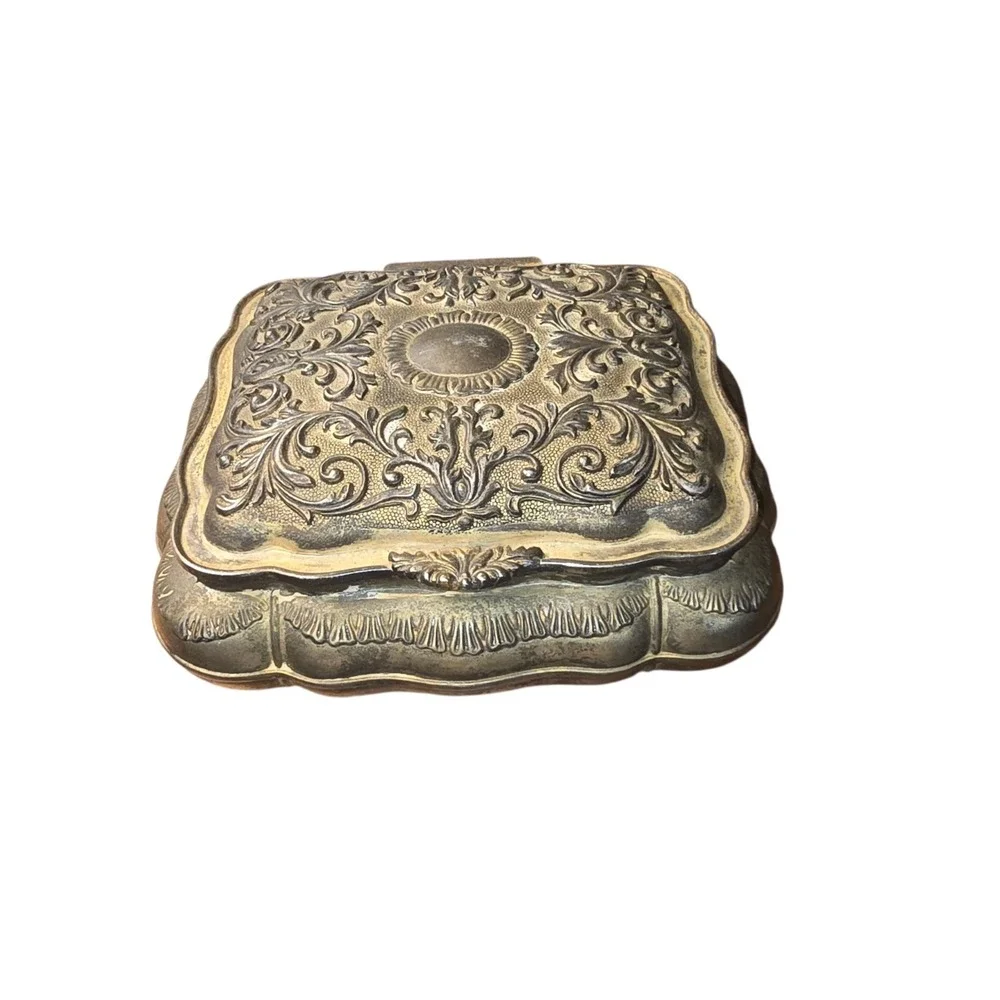 Vtg Silver Plate Victorian Jewelry, Trinket Box Red Velvet Lined Heritage Mint